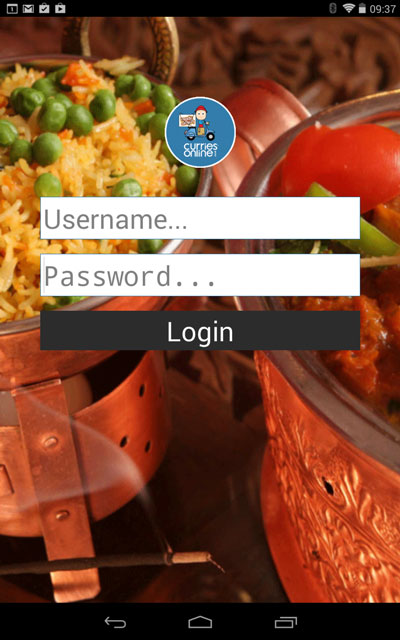 Curries Online Android App - Login Screen